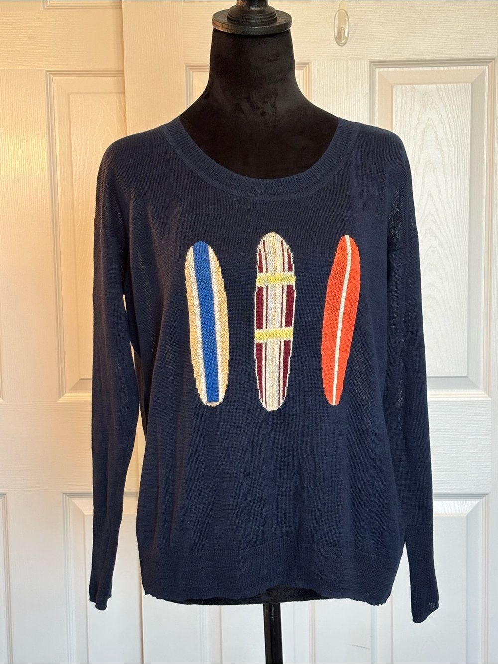 J. Crew Navy Blue LINEN Surf Boards Lightweight Knit Sweater Coastal Women’s S